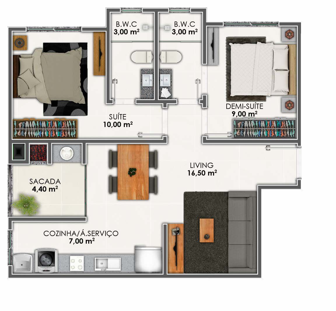 Planta 02 - 2 dorm 61,07m²