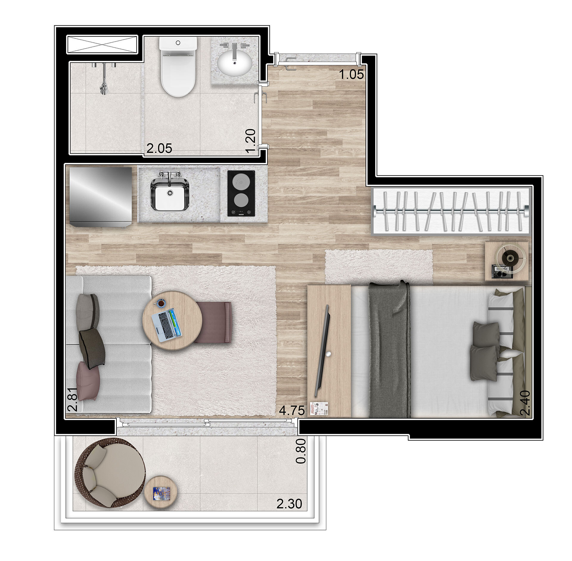 Planta 03 - 1 dorm 22,29m² - studio