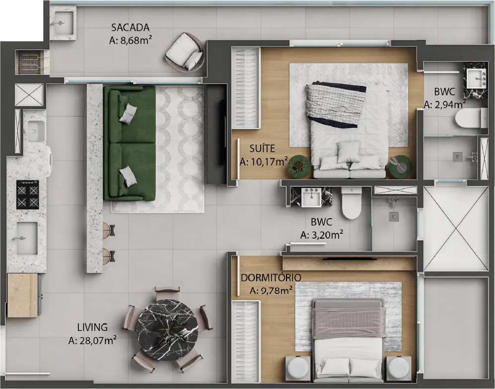 Planta 01 - 2 dorm 77,96m²