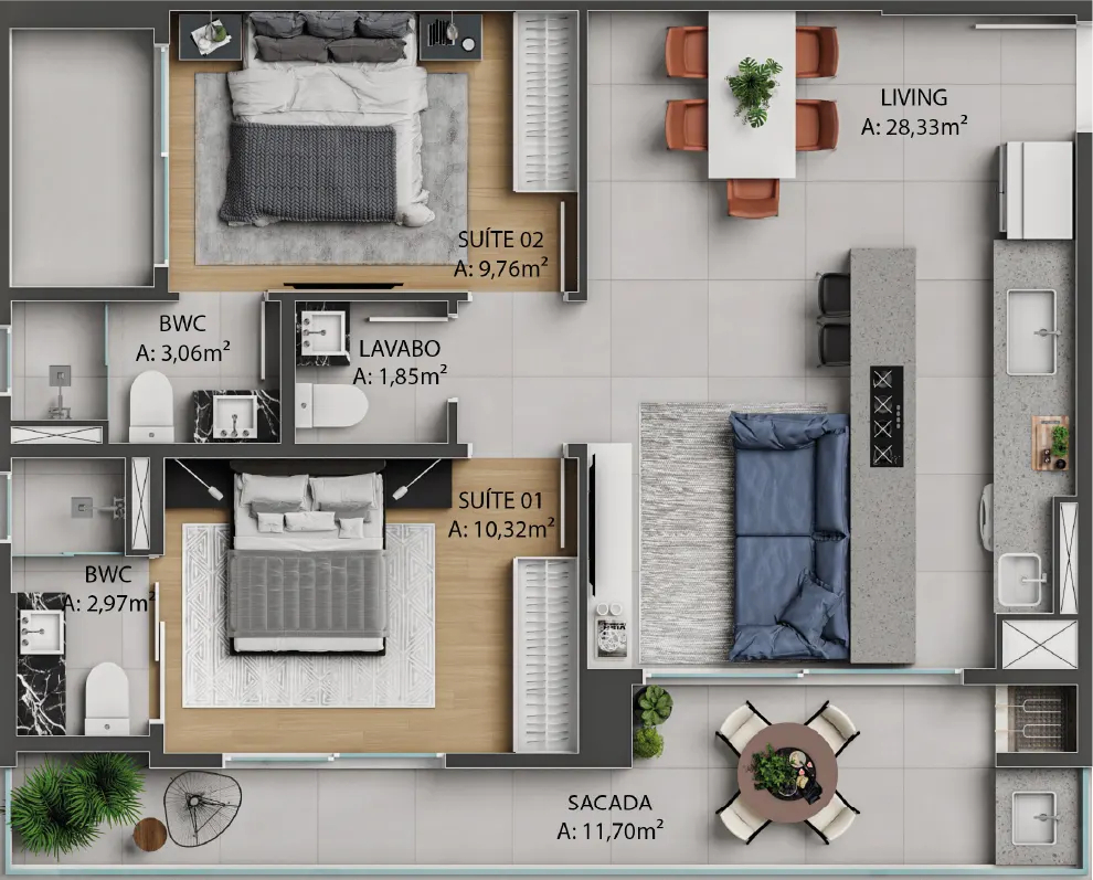 Planta 02 - 2 dorm 82m²