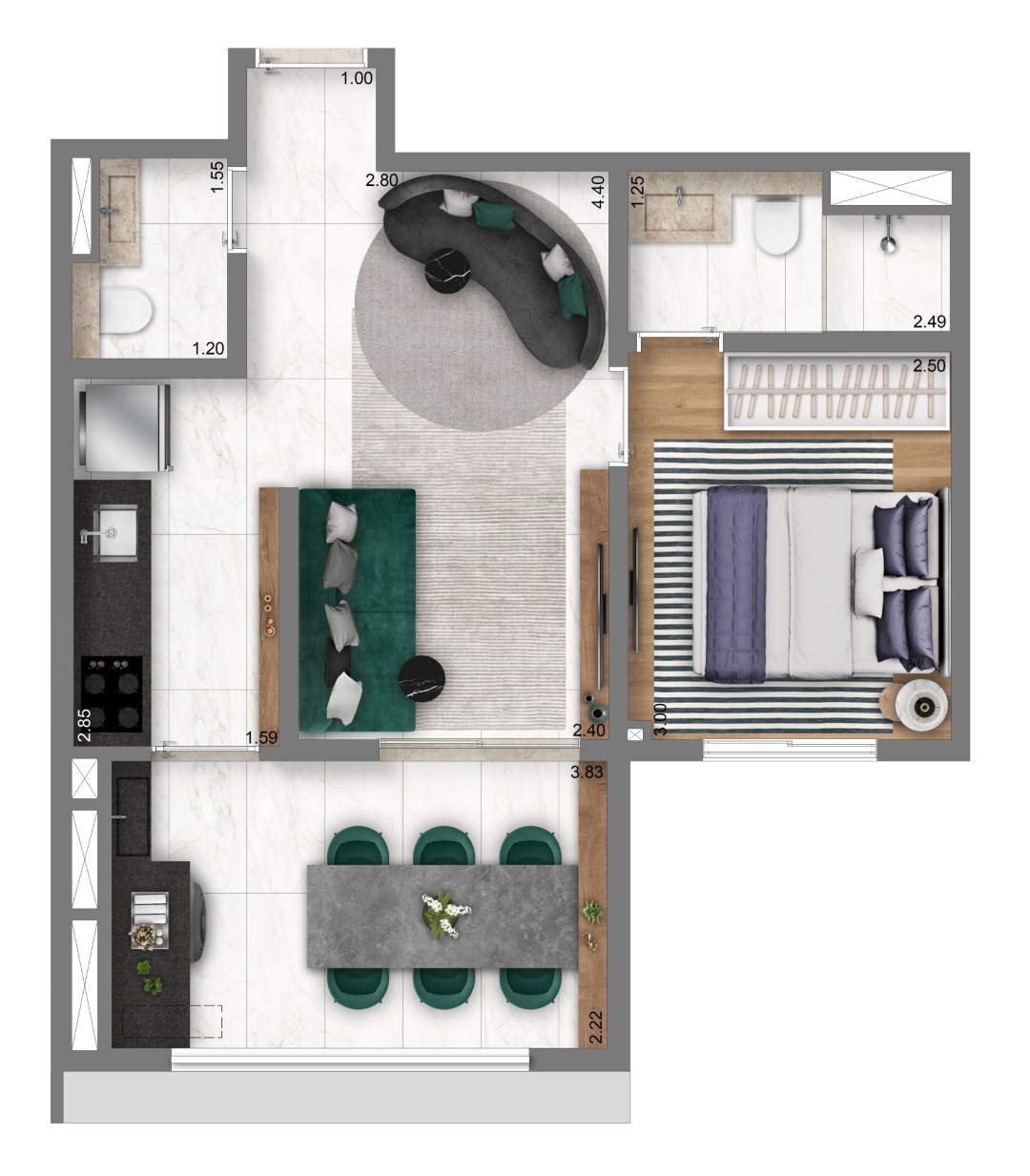 Planta 01 - 1 dorm 44m²