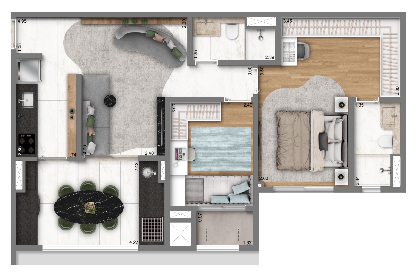 Planta 03 - 2 dorm 69m²
