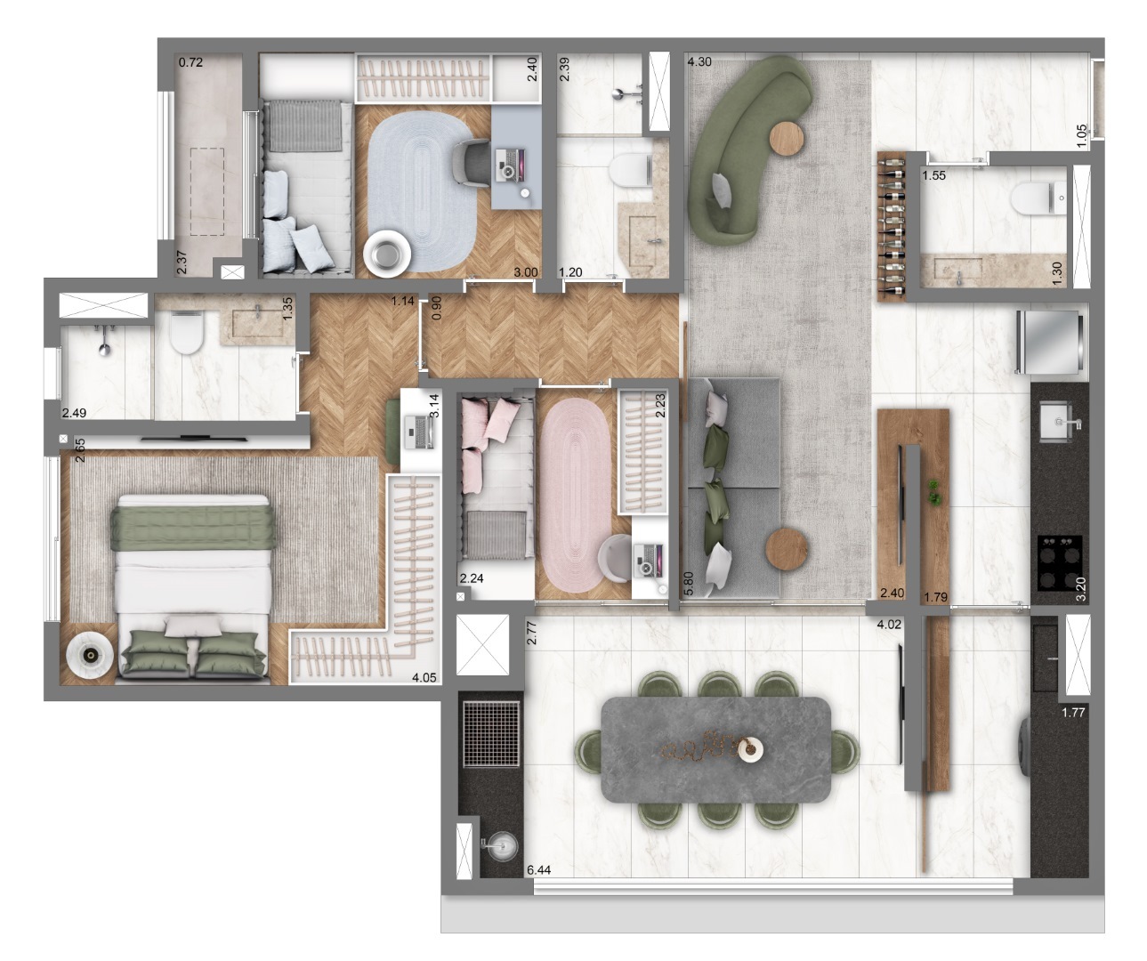 Planta 05 - 3 dorm 80m²