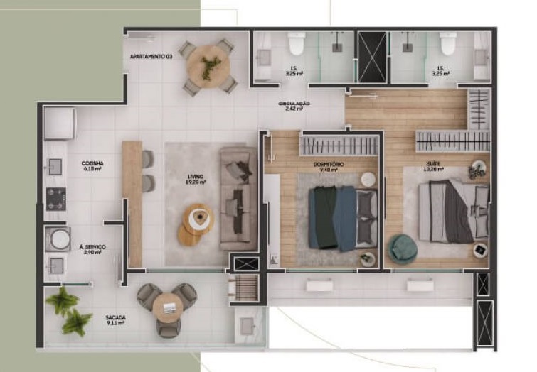 Planta 03 - 2 dorm 82,98m²