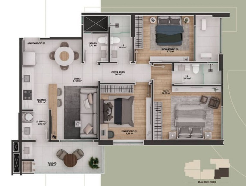 Planta 04 - 3 dorm 96,64m²