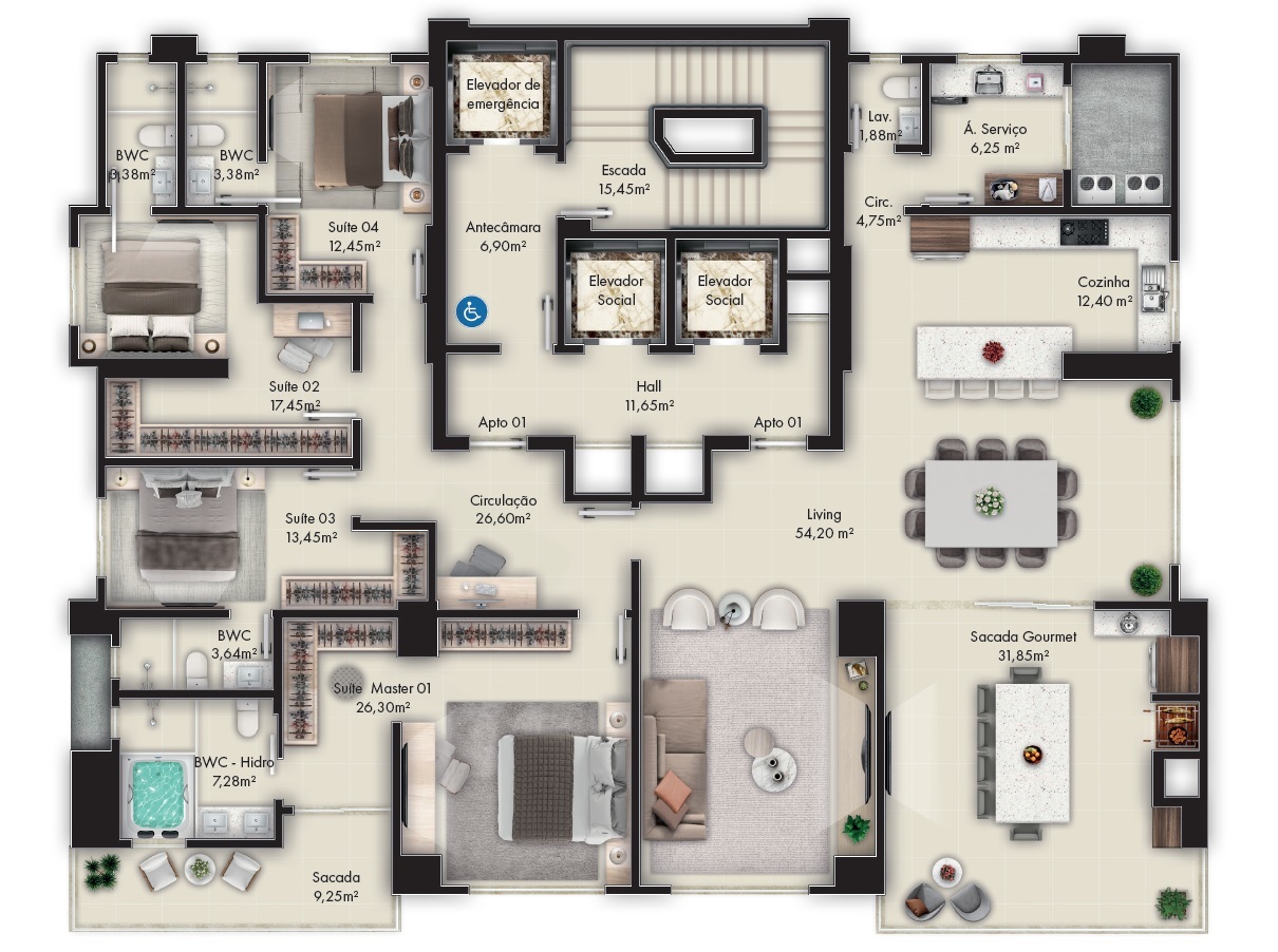 Planta 01 - 4 dorm 259m² - penthouse