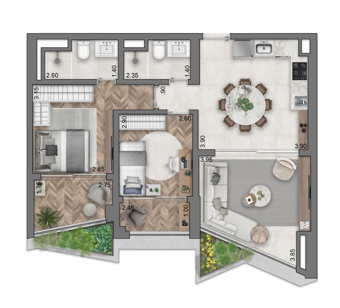 Planta 04 - 2 dorm 77m²