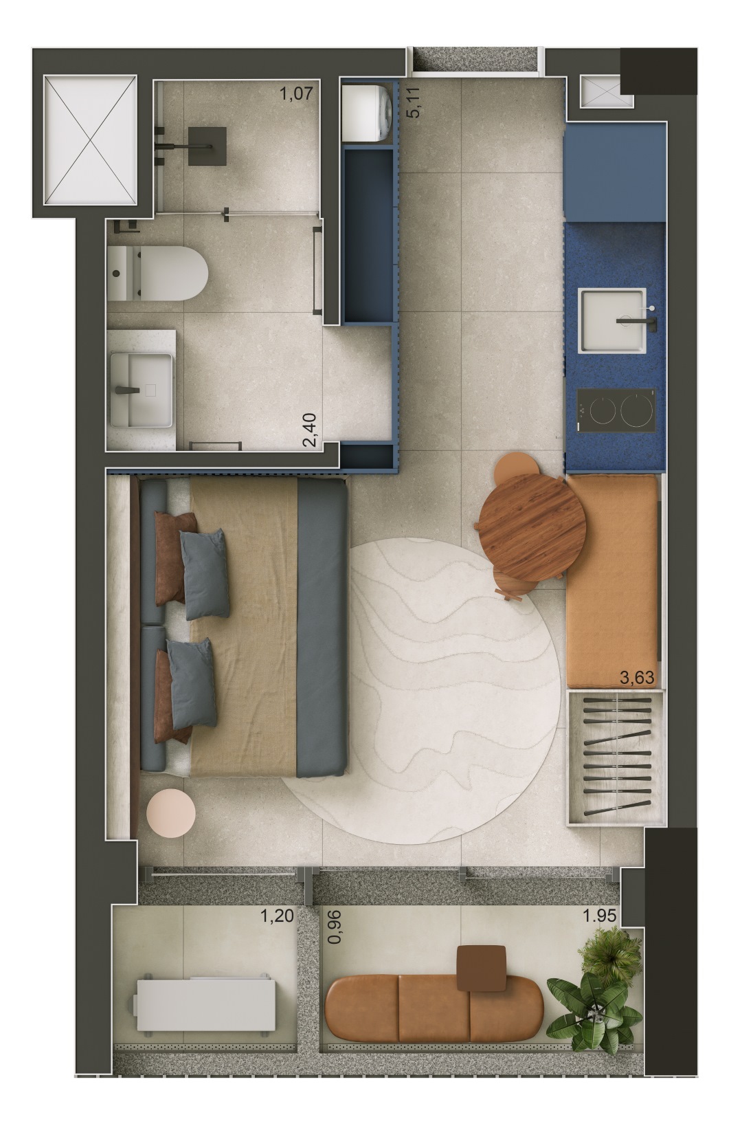 Planta 01 - 1 dorm 25m² - studio
