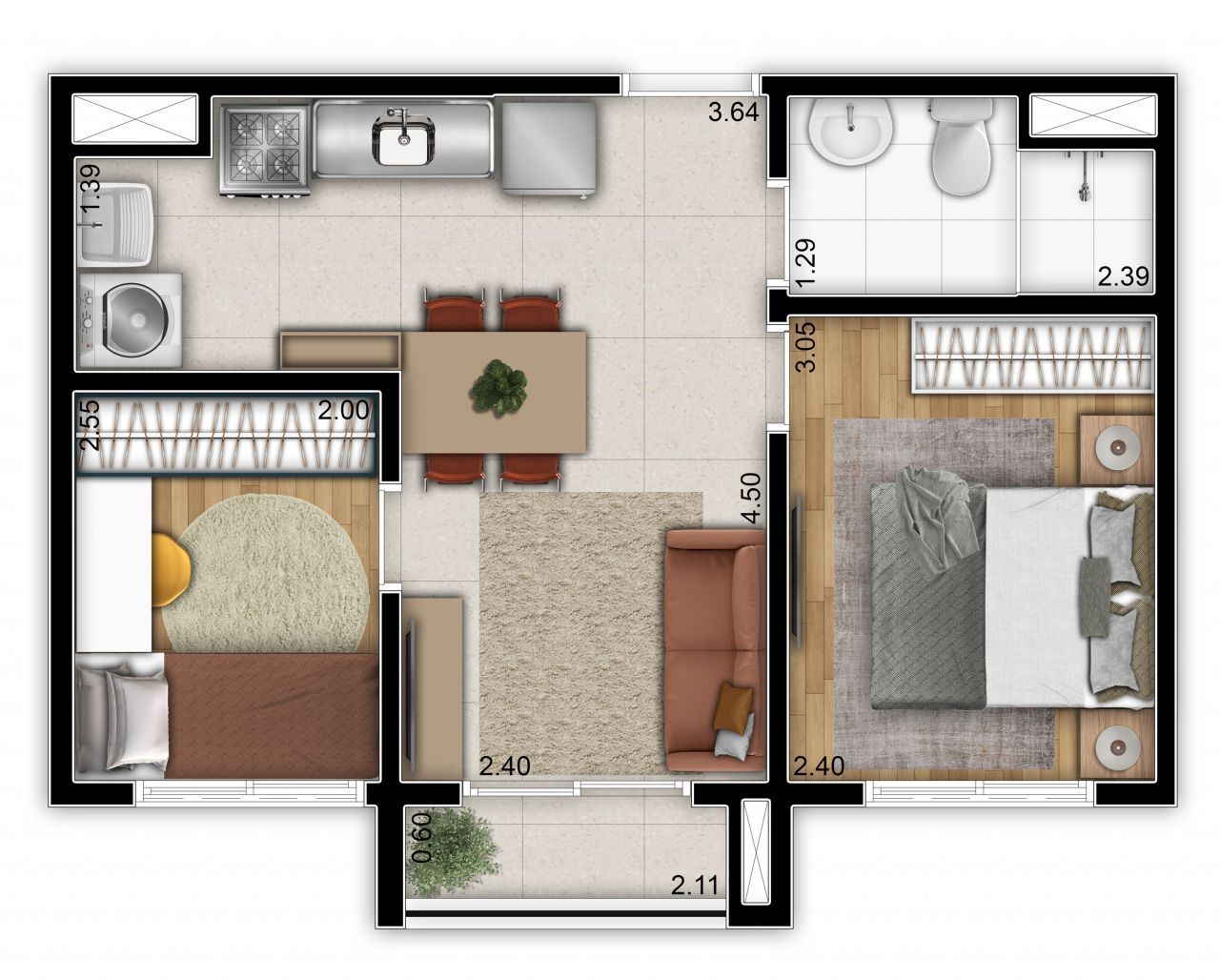 Planta 01 - 2 dorm 36m²