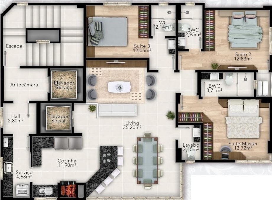 Planta 01 - 3 dorm 250m²