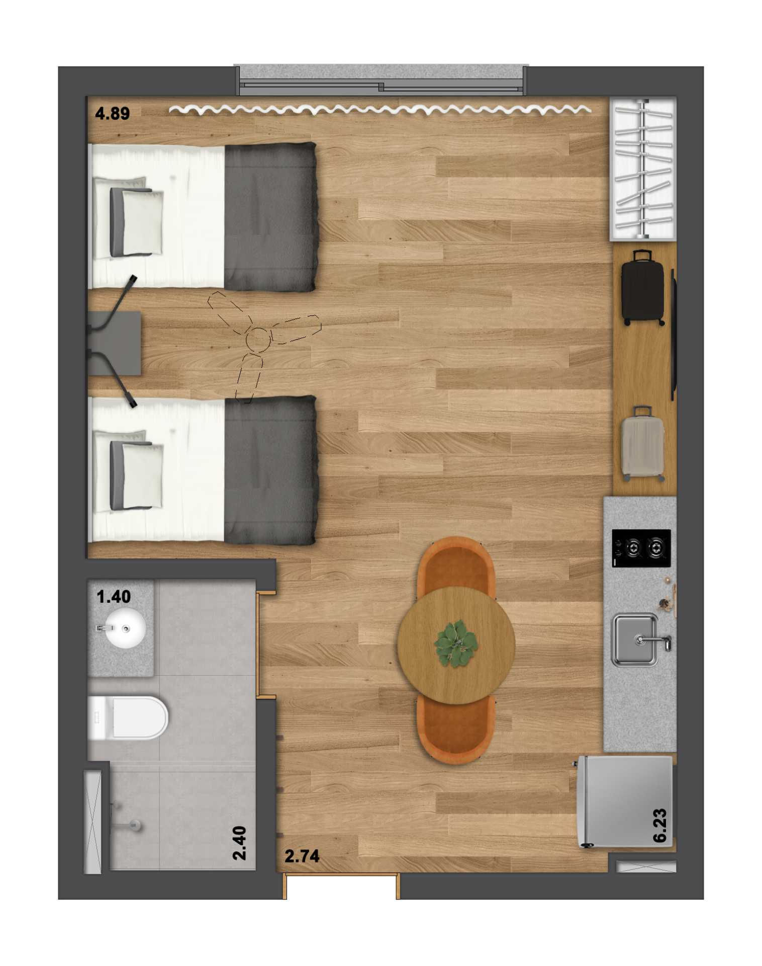 Planta 01 - 1 dorm 34,98m² - studio
