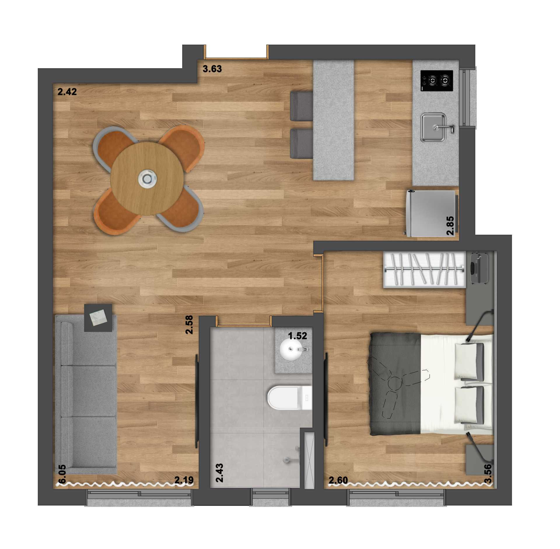 Planta 02 - 1 dorm 44,98m²