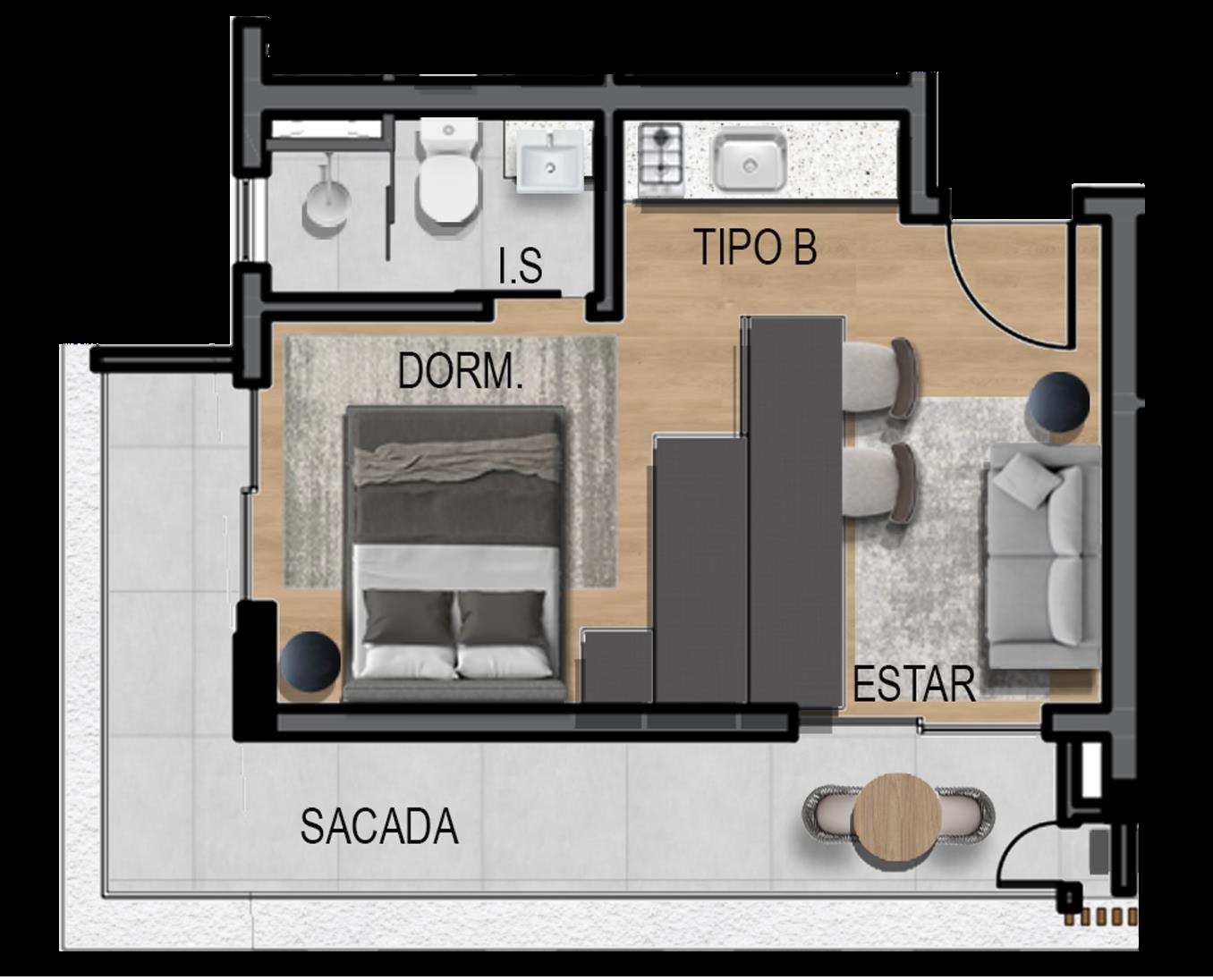 Planta 03 - 1 dorm 30m² - studio