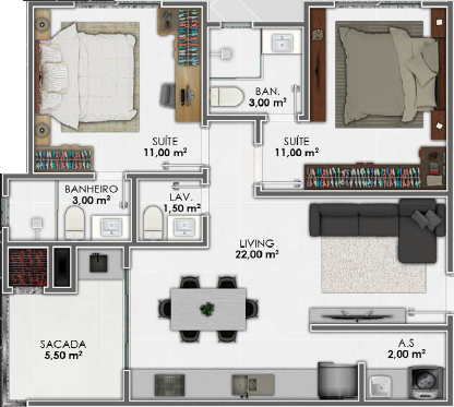 Planta 02 - 2 dorm 66m²