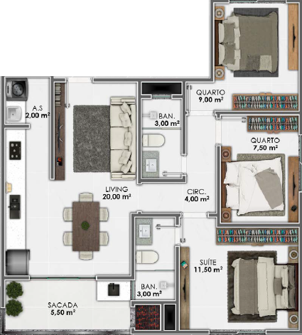 Planta 03 - 3 dorm 70m²