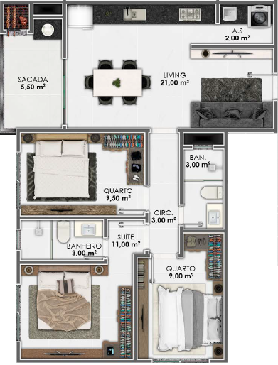 Planta 04 - 3 dorm 70m²
