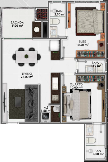 Planta 01 - 2 dorm 65m²