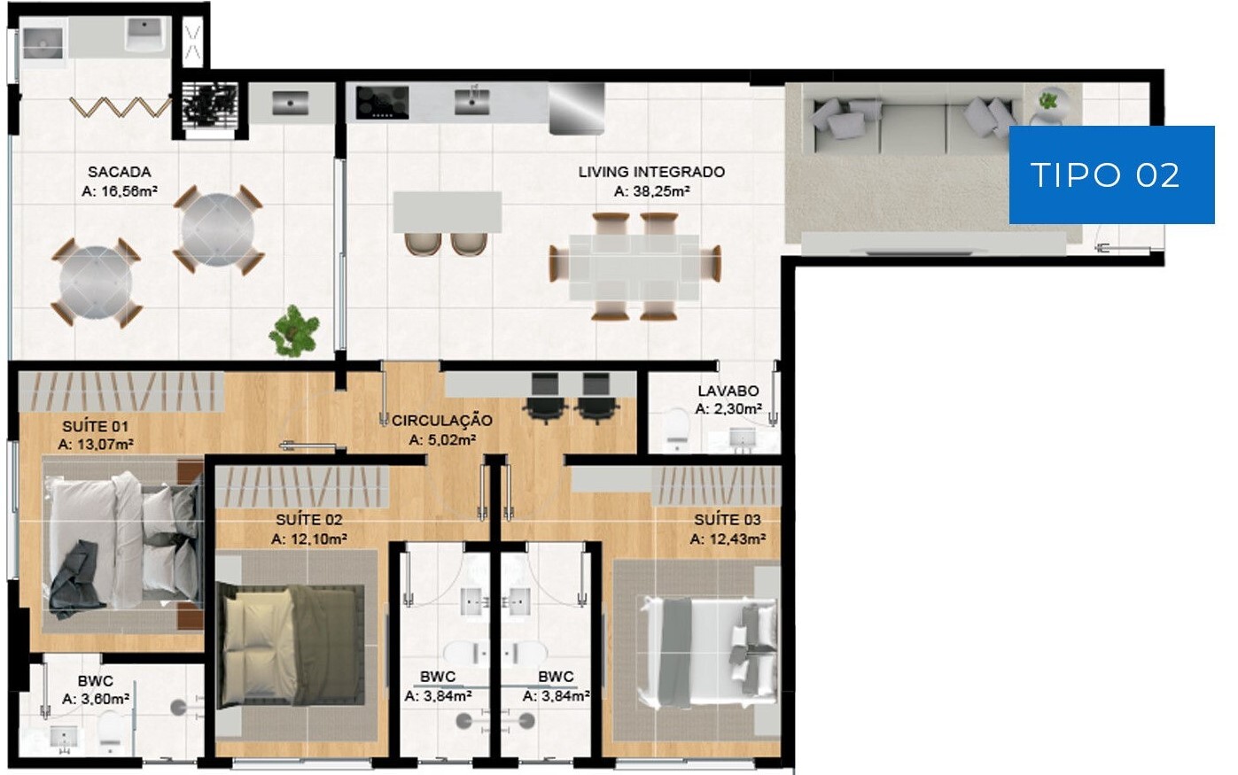 Planta 01 - 3 dorm 130,52m²