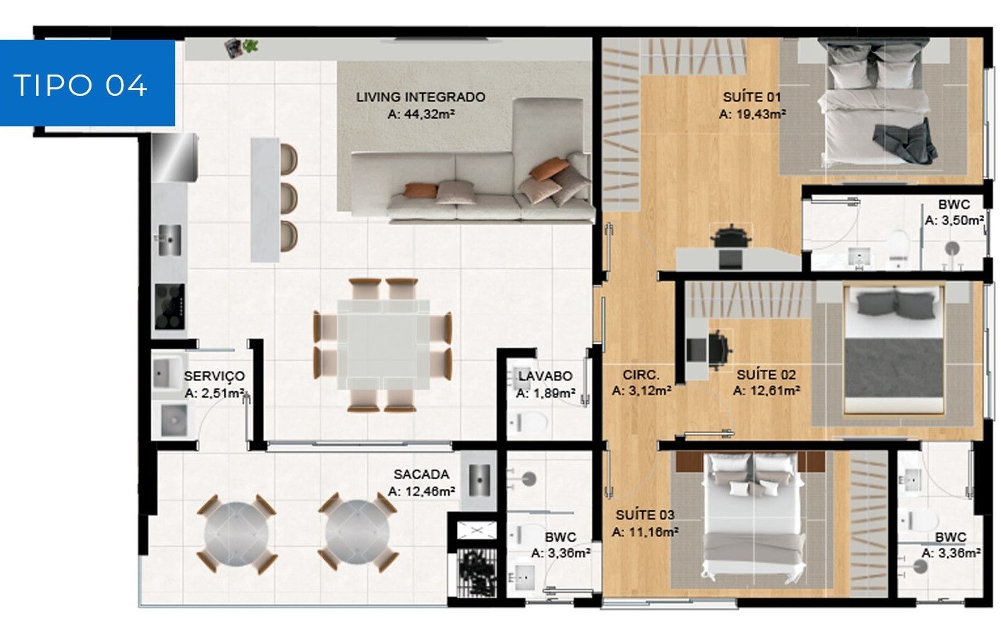 Planta 02 - 3 dorm 135,65m²
