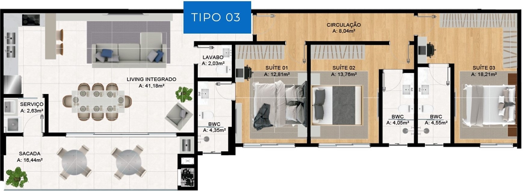 Planta 03 - 3 dorm 141m²