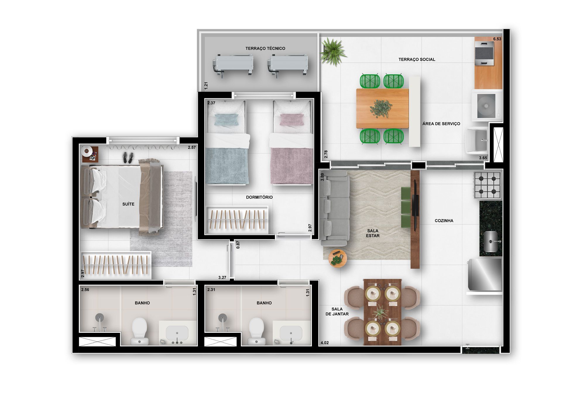 Planta 01 - 2 dorm 61m²