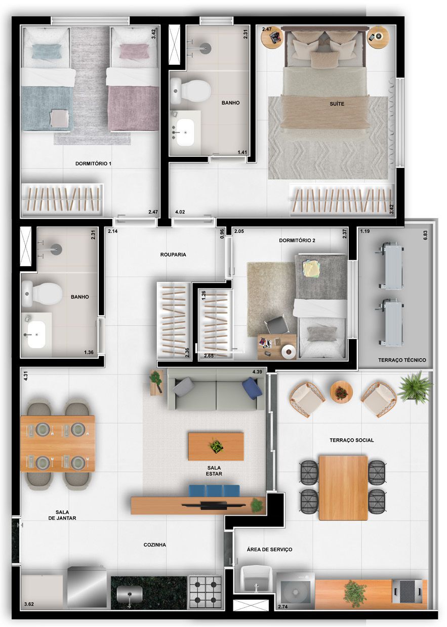 Planta 02 - 3 dorm 78m²