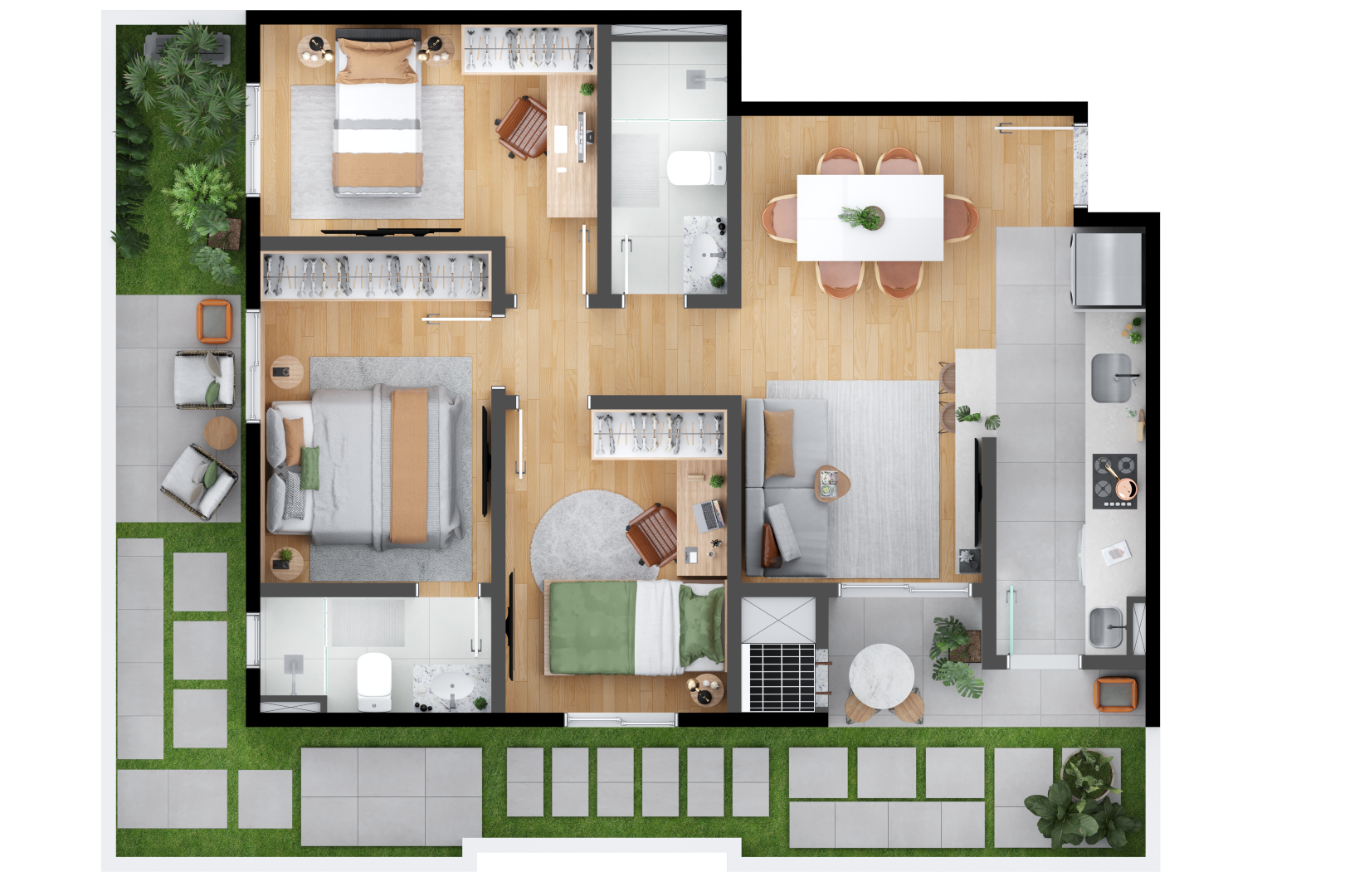 Planta 04 - 3 dorm 91,75m² - garden