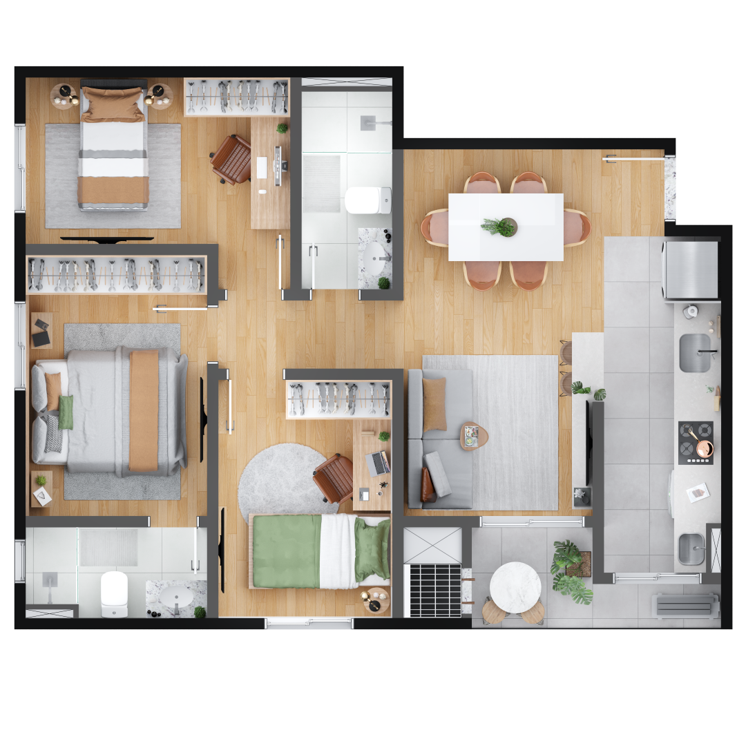 Planta 03 - 3 dorm 63,74m²