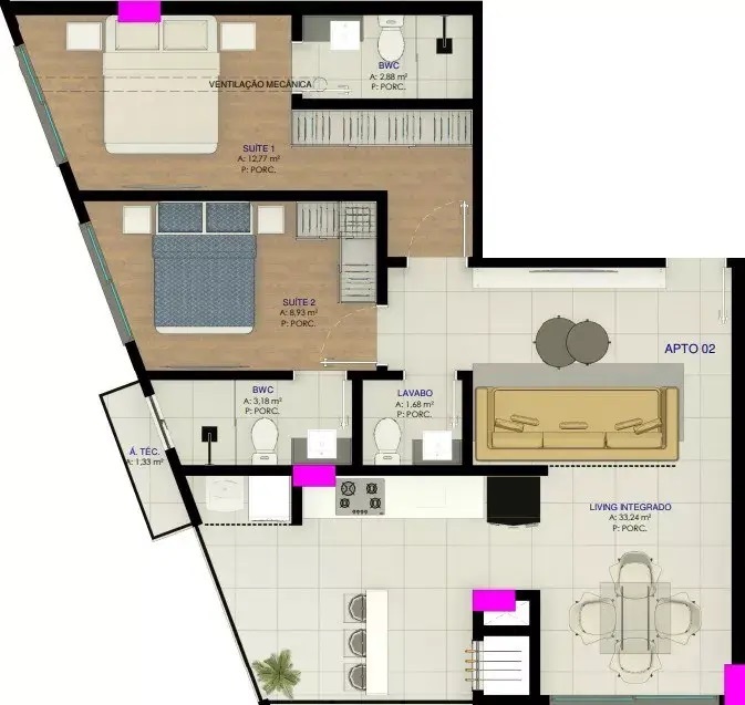 Planta 02 - 2 dorm 78m²
