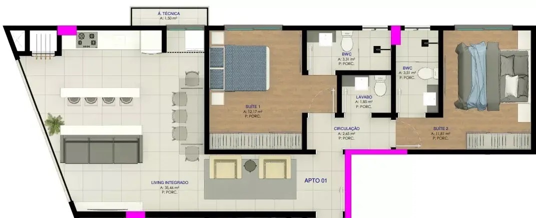 Planta 03 - 2 dorm 81m²