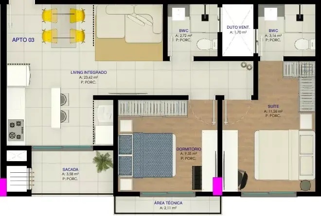 Planta 01 - 2 dorm 67m²