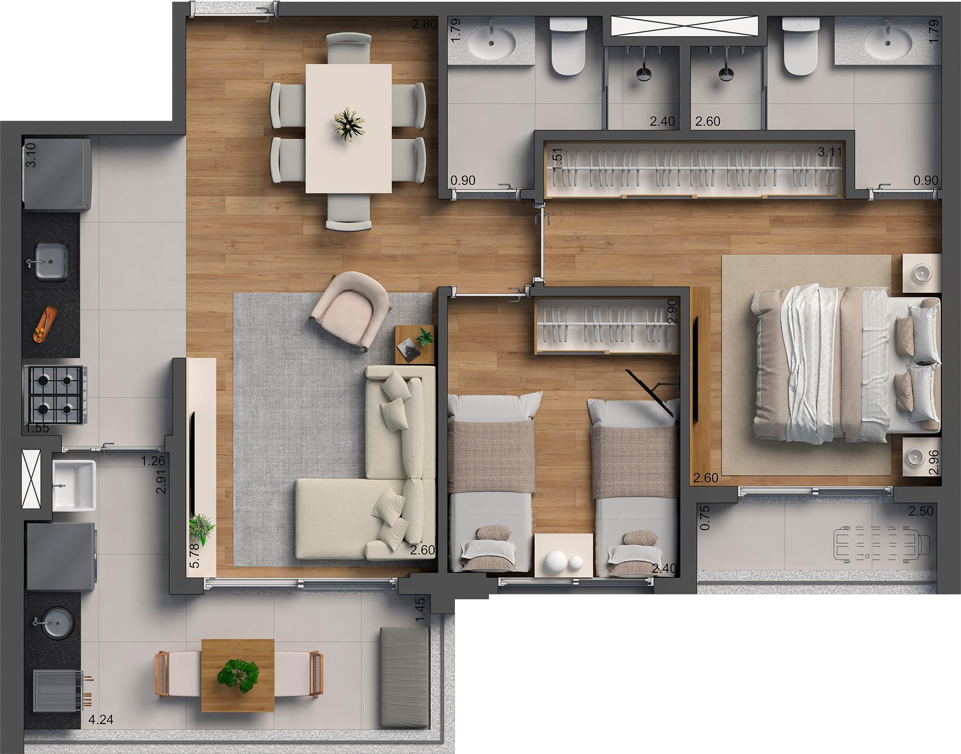 Planta 01 - 2 dorm 63m²