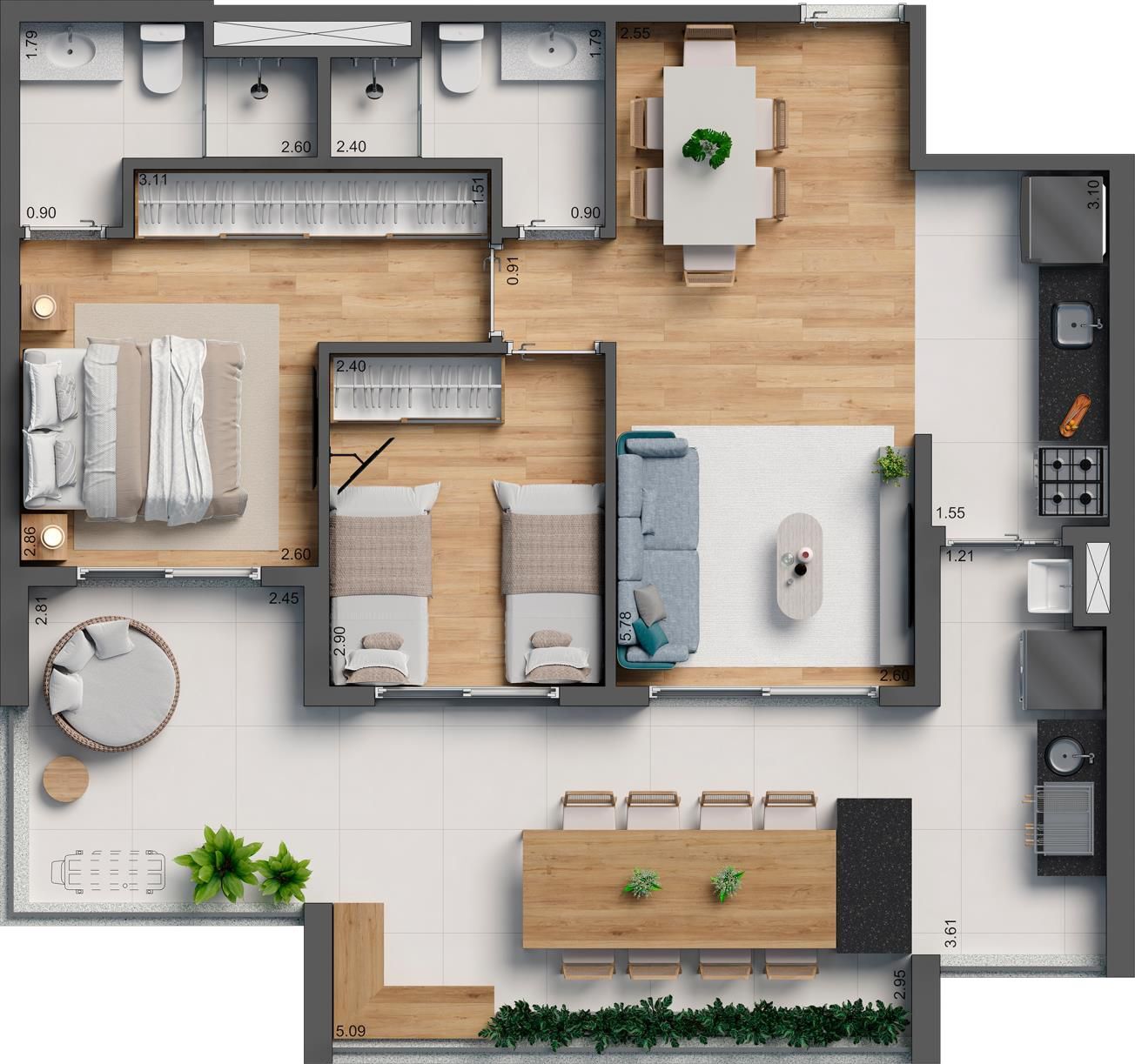 Planta 03 - 2 dorm 82m²