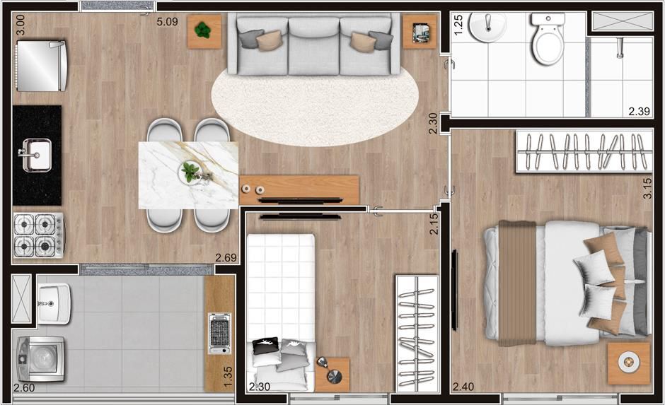 Planta 01 - 2 dorm 37m²