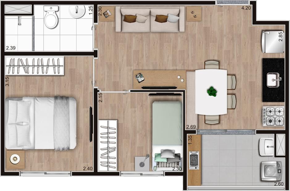 Planta 03 - 2 dorm 38m²