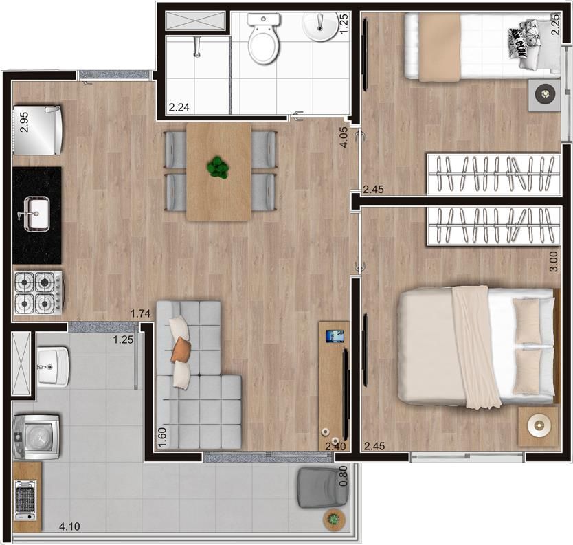 Planta 08 - 2 dorm 43m²