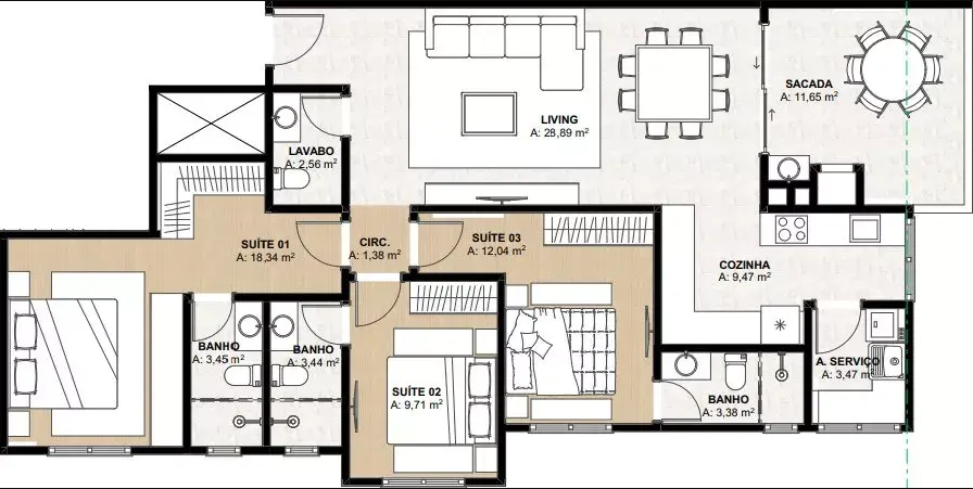 Planta 01 - 3 dorm 122m²