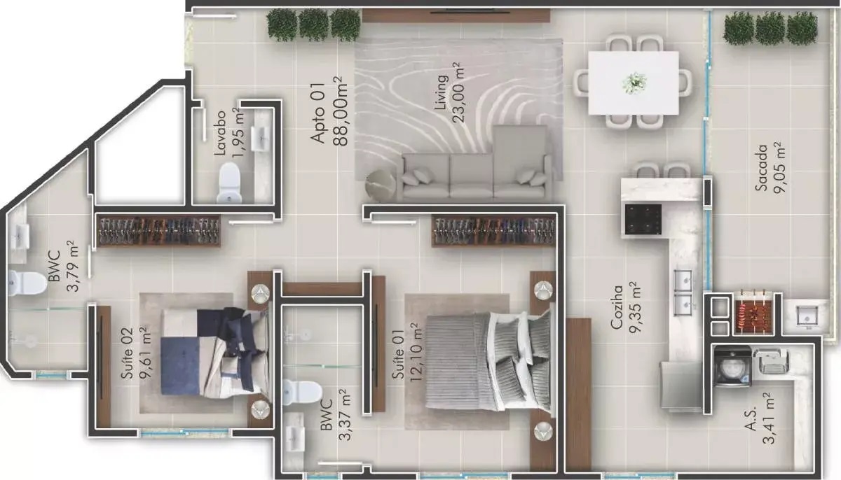 Planta 01 - 2 dorm 88m²