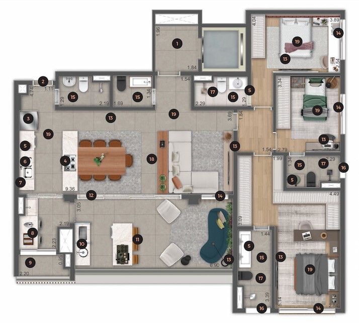 Planta 02 - 3 dorm 151,82m² - opção 1
