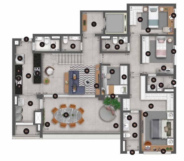 Planta 07 - 4 dorm 258,57m² - cobertura duplex - inferior