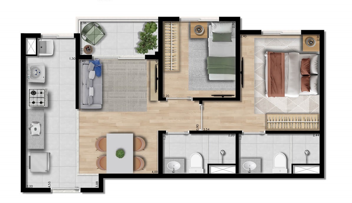 Planta 03 - 2 dorm 43,08m²