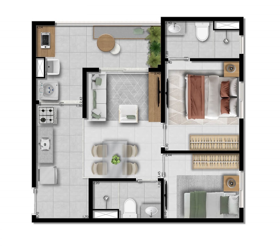 Planta 04 - 2 dorm 44,02m²