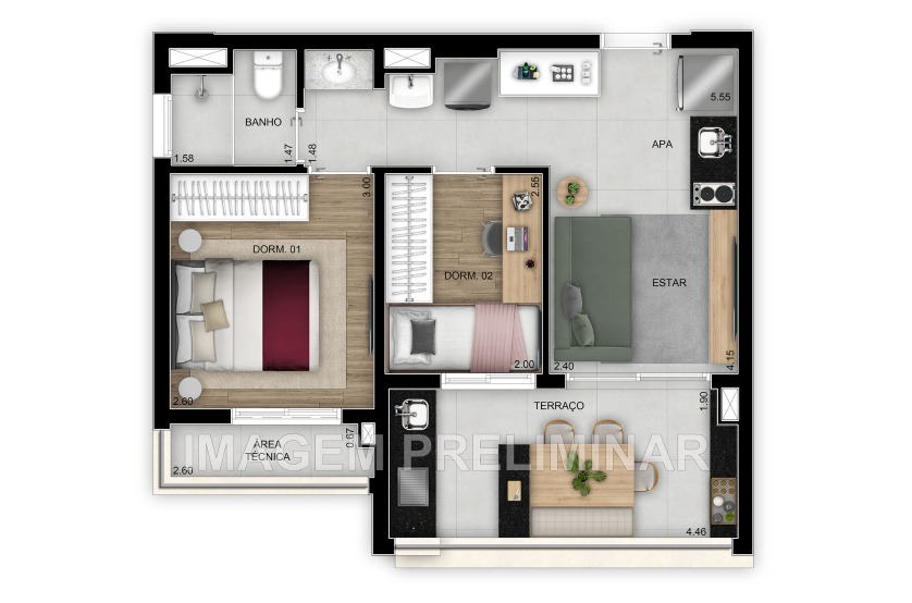Planta 02 - 2 dorm 47m²