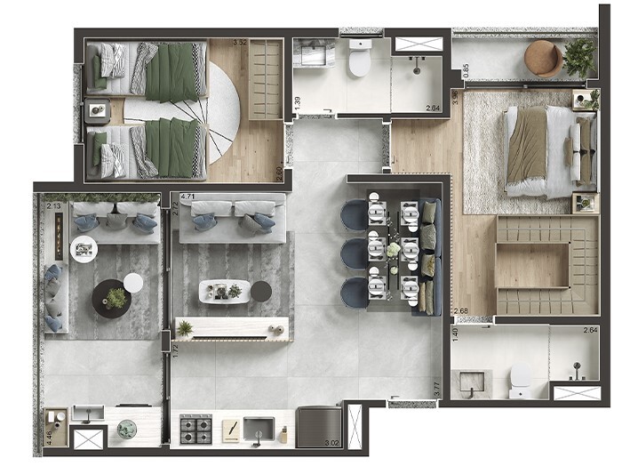 Planta 03 - 2 dorm 63,13m²