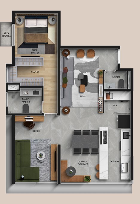 Planta 01 - 1 dorm 76,37m²