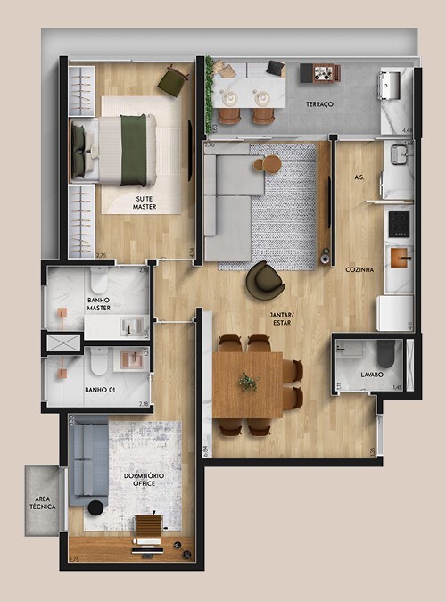 Planta 02 - 2 dorm 76,37m²