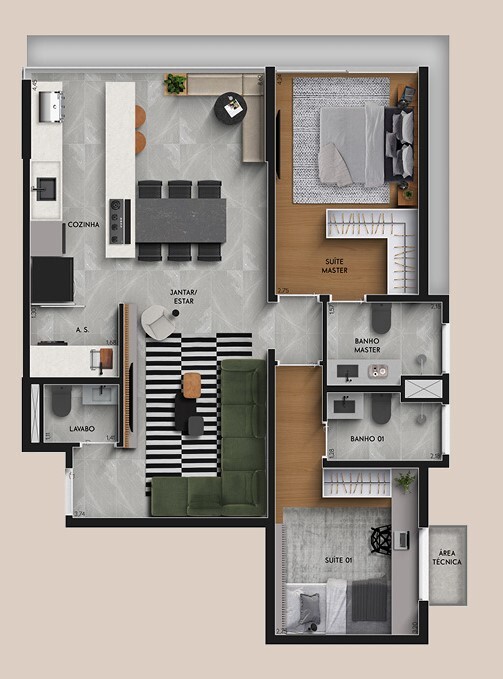 Planta 03 - 2 dorm 76,37m²