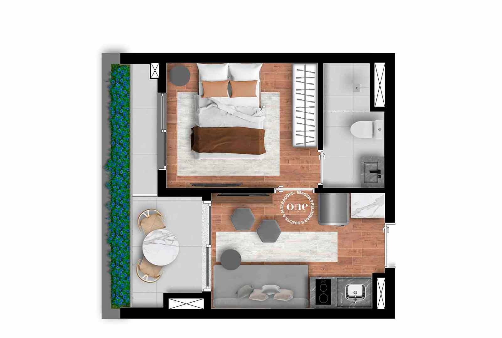 Planta 02 - 1 dorm 30m²