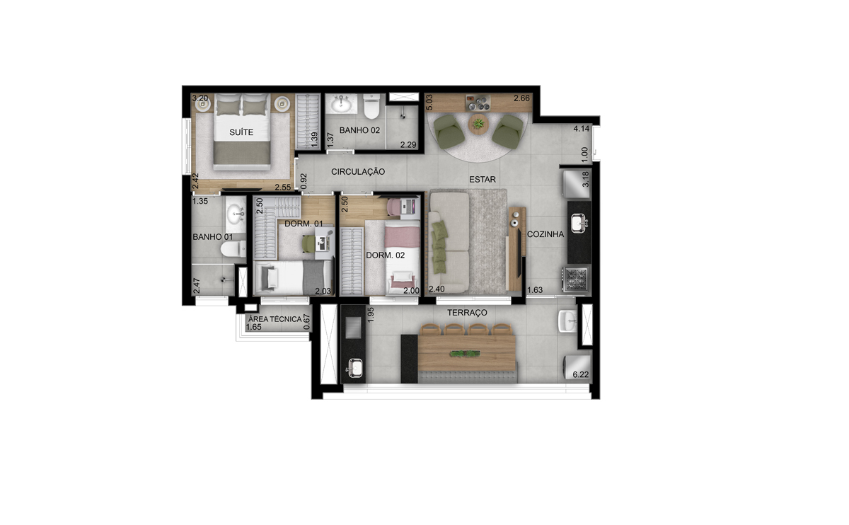Planta 04 - 3 dorm 69m²