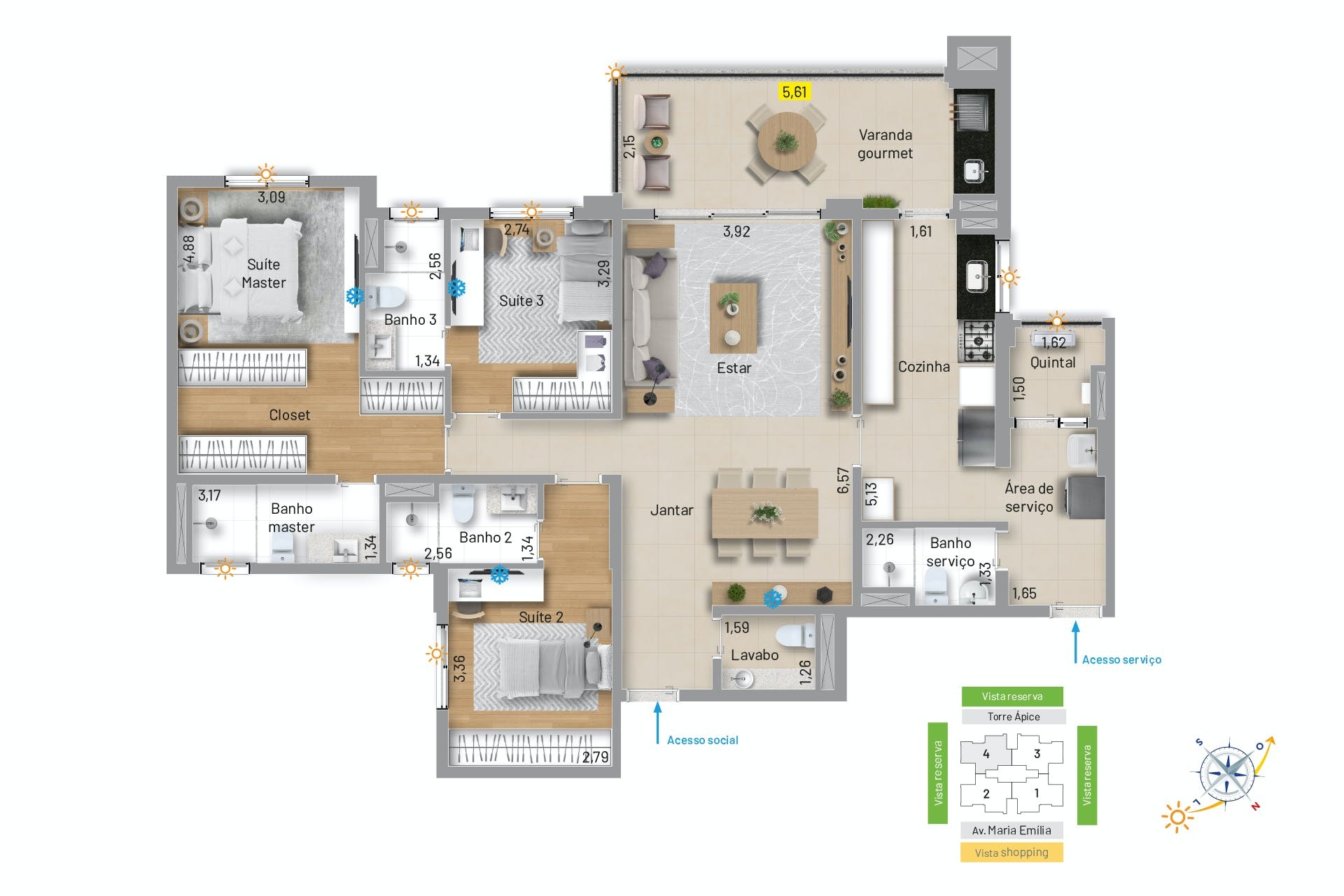 Planta 02 - 3 dorm 142m²